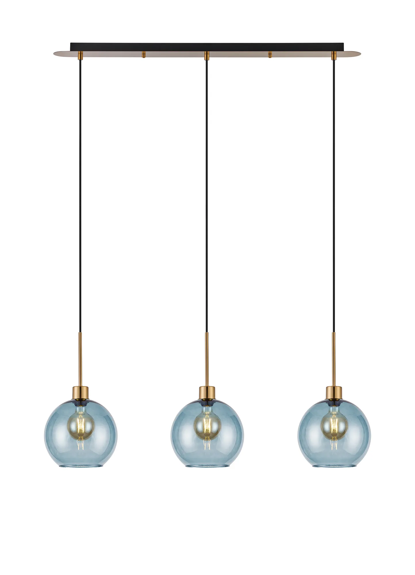 DK1208  Lori Linear Pendant, 3 Light Adjustable E27, Antique Gold/Blue Open Mouth Round Globe Shades